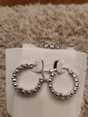 Silver Crystal Hoop Earrings and Band Ring Set - Silver cz 925 Size8 Ring